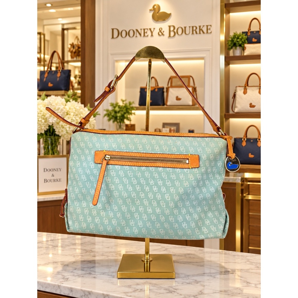 Vintage Dooney & Bourke Monogram Shoulder Bag Light Blue Leather Trim Duck Bag